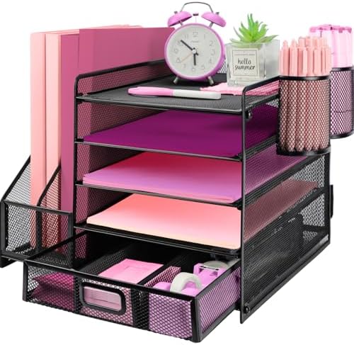 Desk Organizers and Accessories with File Holder, 5-Tier Paper Letter Tray Organiser with Drawer and 2 Pen Holder, Mesh Desktop Document Organizer for Office Supplies, Workspace - Black by ideallife