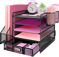 Desk Organizers and Accessories with File Holder, 5-Tier Paper Letter Tray Organiser with Drawer and 2 Pen Holder, Mesh Desktop Document Organizer for Office Supplies, Workspace - Black by ideallife