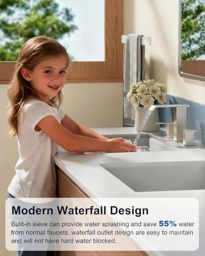 SSREEZNX Bathroom Sink Faucet 3 Hole, Waterfall Bathroom Faucets Brushed Nickel, Modern Bathroom Faucet 2 Handle with Pop-up Drain and Water Line for Vanity - Image 4