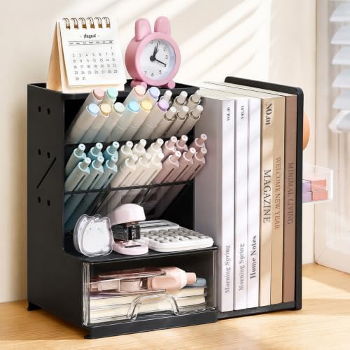 Sooez Desk Organizer with Bookends, Pegboard & Drawer, Pen & Pencil Holder - Image 2