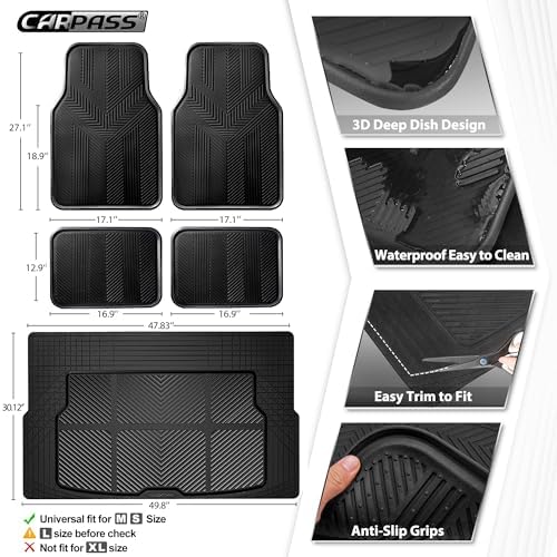 CAR PASS Universal Car Floor Mats & Cargo Liner Full Set, Waterproof Anti-Slip Rubber Trim to Fit Trunk Mats All Weather Protection Fit Car SUV Sedan Coupe Vehicle Automotive 5 Pieces, S-M Size Black - Image 2
