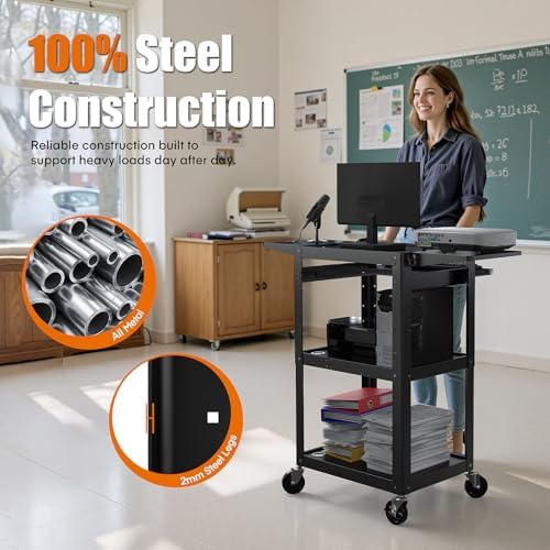 All-Steel Rolling AV Cart with Adjustable Height & Built-in Power – Heavy-Duty Media Workstation with Drop-Leaf Shelves & Wheels for Projectors, Laptops, Printers – Classroom, Office & Studio, Black - Image 3