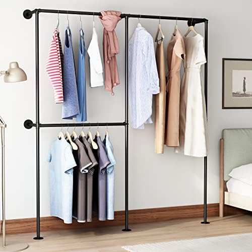 DR.IRON Industrial Pipe Clothing Racks with Double Bar, Industrial Black Clothes Racks Wall Mounted, Heavy Duty Closet Rods for Hanging Clothes Organizer Storage - Image 3