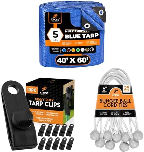 40' x 60' Multipurpose 5 Mil Blue Poly Tarp Cover, 6" White Bungee Ball Cords (25 Pack), and Heavy Duty Tarp Clips (10 Pack) for Canopies, Tarps, Camping, and More – Xpose Safety by XposeSafety