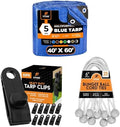 40' x 60' Multipurpose 5 Mil Blue Poly Tarp Cover, 6" White Bungee Ball Cords (25 Pack), and Heavy Duty Tarp Clips (10 Pack) for Canopies, Tarps, Camping, and More – Xpose Safety by XposeSafety