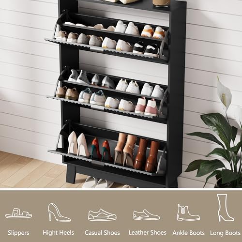 Shoe Cabinet Storage for Entryway with 3 Flip Drawers, Fluted Narrow Shoe Organizer with Wooden Legs, Freestanding Slim Shoe Storage Hidden Shoe Rack Organizer for Front Door Entrance, Hallway, Black - Image 3