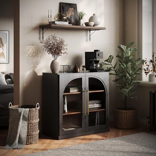 BELLEZE Modular Sideboard with Arched Glass Door, Accent Display Buffet Cabinet with Storage and Adjustable Shelves,Classic Modern Credenza for Living Room Kitchen Entryway (Ebony) by BELLEZE
