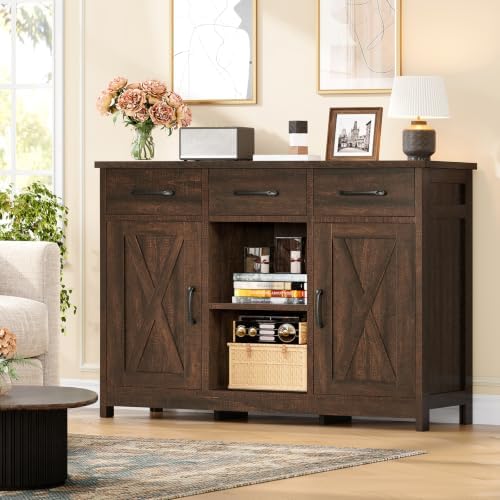 TEENFON Coffee Bar Cabinet with 3 Drawers, Farmhouse Buffet Cabinet - Image 4