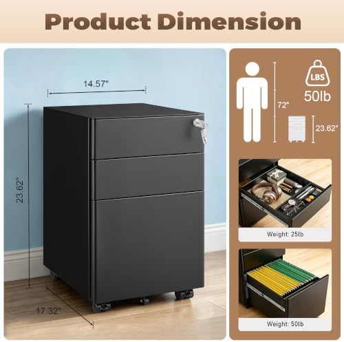 Guizeeopo Fully Assembled 3 Drawer Filing Cabinets for Home Office - Image 3