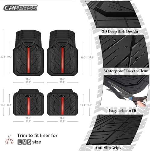 CAR PASS Metal Medium Rubber Floor Mats for Car Heavy Duty Car Mats All Weather, Universal Trim to Fit for Truck SUV Vehicle Automotive Floor Mats, Waterproof Car Mats 4 Piece Black and Red - Image 3
