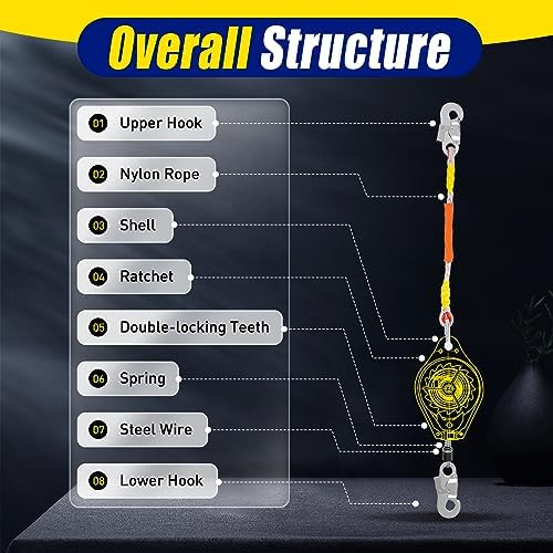 23FT 330LBS Self-Retracting Lifeline Lanyard with Double Braking System,Fall Arrester Fall Protection Alloy Steel, W/Hook& Rope for High-Altitude Work - Image 2
