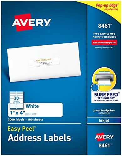 Avery Easy Peel Printable Address Labels, Sure Feed Technology, 1" x 4", White, 2,000 Blank Mailing Labels (08461) by Avery
