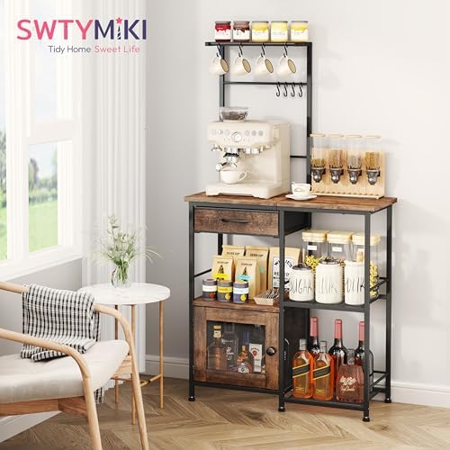 SWTYMIKI Coffee Bar with Hanging Rack - Farmhouse Coffee Stand Station Multi-Purpose Buffet Sideboard Cabinet with Drawers - Kitchen Bar Table for Living Room, Corner, Small Space, Espresso - Image 3