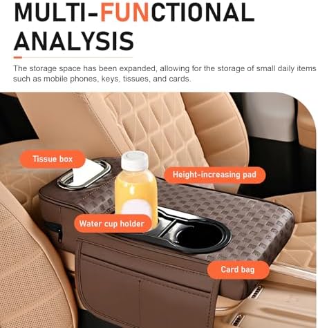 Car Center Console Cover, Microfiber Leather Car Armrest Cover Cushion with 2 Storage Bags, Cup Holders, Tissue Box Slot, Universal Car Armrest Storage Box for Most Vehicles (Coffee) - Image 5