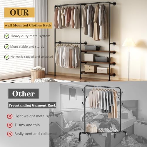 Industrial Pipe Clothes Rack, Wall Mounted Clothing Rack with Shelves, Heavy Duty Closet Organizers Wardrobe Multi-Purpose Storage Clothes Hanging Shelf-70.8''L Black - Image 3
