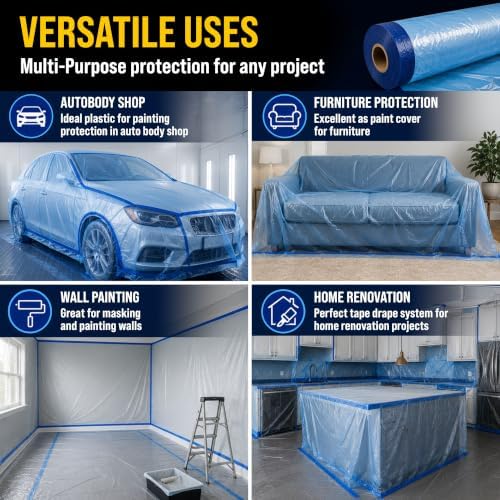 Dura-Gold Pure Blue Pre-Taped Masking Film, (4 Pack of 22, 43", 71", 106") Painters Plastic Roll, Pull Down Drop Sheet, Pre-Taped Plastic Sheeting for Painting Protection on Auto, Walls, Furniture - Image 4