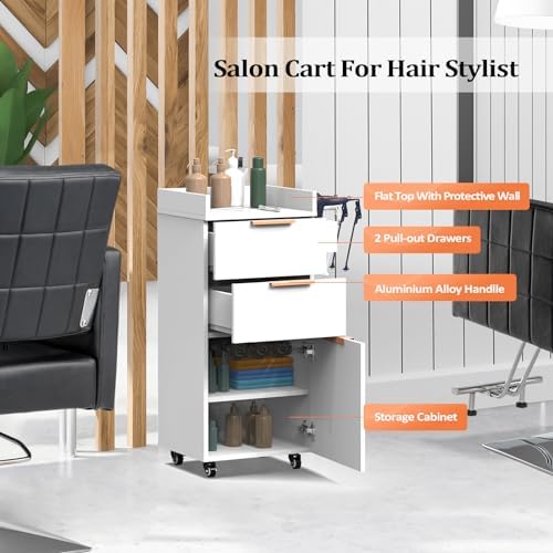 OmySalon Salon Trolley with Wheels, 2 Drawers & 1 Storage Cabinet, Salon Cart for Hair Stylist, Portable Styling Station for Barbershop Beauty Spa, White - Image 3
