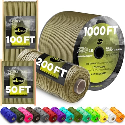 Paracord Rope 550 lb 4mm – Parachute Cord – Utility Camping Rope by TECEUM