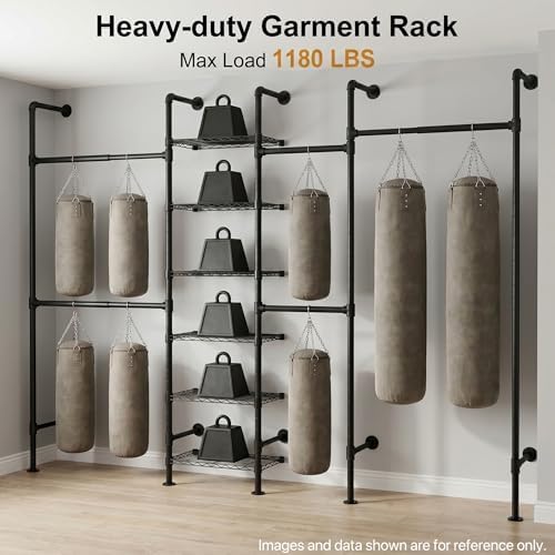F4 Wall Mounted Closet System, Industrial Pipe Clothing Rack for Hanging Clothes, Heavy Duty Closet Organizer System, Clothes Racks with Shelves & Expandable Rod for Wardrobe, Corner, Black - Image 2