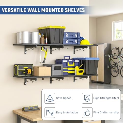 2 Pack Garage Wall Shelf, Heavy Duty Garage Shelving, 46"X 12.5" Wall Mounted Floating Shelves, Metal Hanging Storage Rack with 8 Hooks, Utility Organizer Max Load 320 LBS for Laundry Room, Workshop - Image 3
