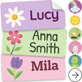 Personalized Name Labels for Kids (140 Labels) - Durable & Waterproof Custom Name Stickers for Clothing Tags, School Supplies, Camp & Daycare - Flowers (1.2”x0.5”) by melukids