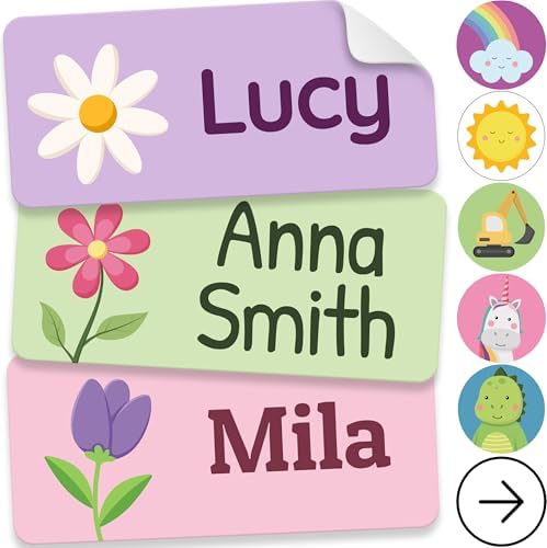 Personalized Name Labels for Kids (140 Labels) - Durable & Waterproof Custom Name Stickers for Clothing Tags, School Supplies, Camp & Daycare - Flowers (1.2”x0.5”) by melukids