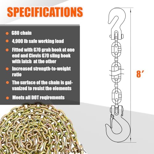 TKK 5/16" G80 Trailer Tow Chain, 8 FT Heavy-Duty Safety Chain Equipped with Snap Hook and Clevis Grab Hook, Rated 4,900 lbs WLL - Image 4