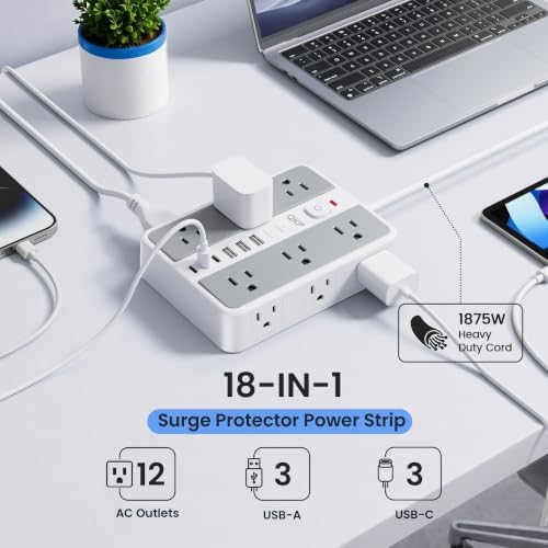 12-Outlet Power Strip with 2400J Surge Protector, 6 USB(3 USB C) &20FT Cord - Image 2