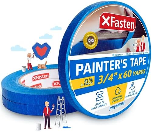 XFasten Professional Blue Painters Tape, Multi-Use, 3/4 Inches x 60 Yards (3-Pack) - Produces Sharp Lines and Residue-Free Artisan Grade Clean Release Wall Trim Tape by XFasten