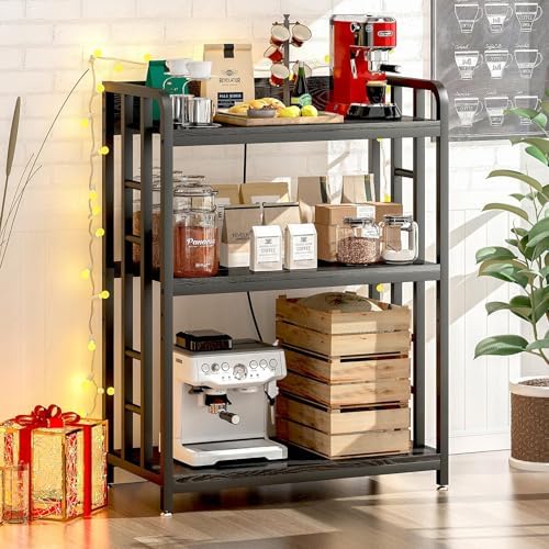 Baker's Rack with Power Outlet, 3-Tier Adjustable Microwave Cart, Black - Image 2