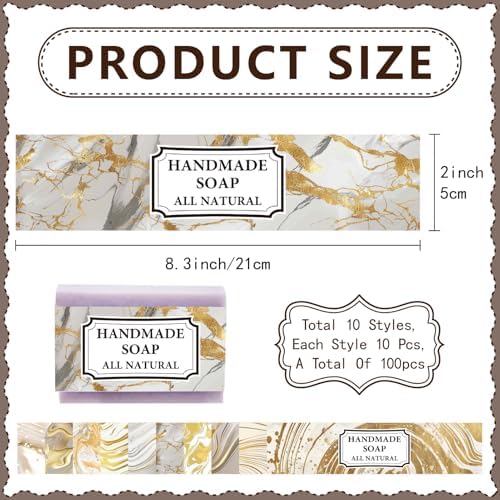 CREATCABIN 100 Pcs Soap Wrapper 10 Styles Gold Marbling Art Soap Paper Wrap Tape Vertical Soap Tag Sleeves Covers Band Label Packaging Supplies for Handmade Soap Bars Gift Wrapping 2 x 8.3 Inch - Image 2