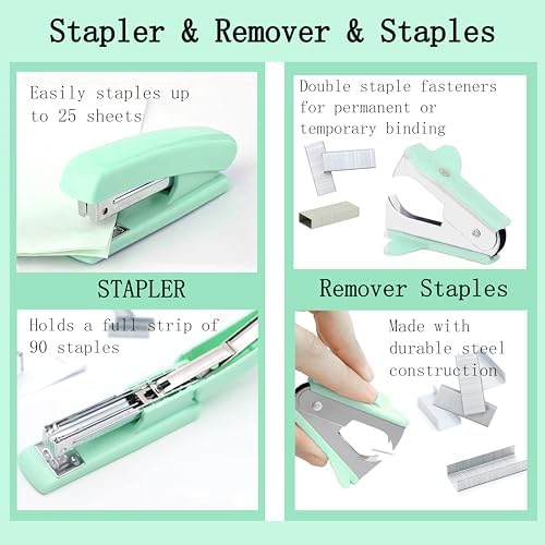 Dimonluce Green Office Supplies, Teal Desk Accessories Accessories with Tape Dispenser, Stapler, Staple Remover, 1000 Staples, Tape, Clips Set, Ruler, Scissor, Pen - Image 2