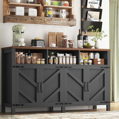 knoworld Buffet Sideboard with Storage Farmhouse, Large Kitchen Storage Cabinet Wood Coffee Bar Cabine Buffet for Kitchen, Living Room, 55in, Black by KNOWORLD