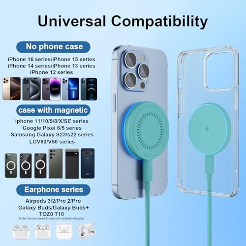 MagSafe Charger 2 Pack 15W Magnetic Wireless Charger Fast Charging Pad Compatible with iPhone 17/16/15/14/13/12 Series & AirPods 4/3/2/Pro Magnetic MagSafe Charging Pad with Dual Ports-Light Green - Image 7