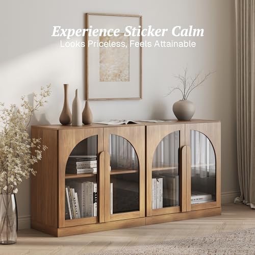 BELLEZE 2 Tier Bookshelf with Arched Glass Door, Set of 2 Modern Display Bookcase Shelf with Storage and Adjustable Shelves, 63" Wood Bookshelves for Living Room Office Entryway (Camel) - Image 3