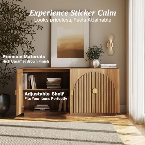 BELLEZE Set of 2 Fluted Buffet Cabinet with Storage, 65 Inch Symmetrical Arc Accent Sideboard Large Console for Kitchen, and Living Room (Caramel Brown) - Image 4