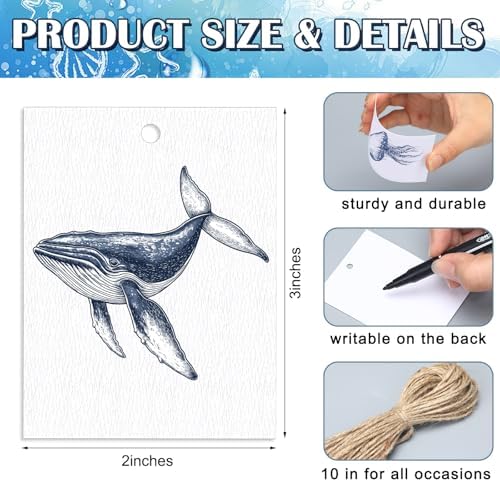 Tenceur 50 Set Watercolor Beach Gift Tags with String, Ocean Animal - Image 2