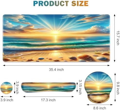 Gaming Mouse Pad, Large Desk Mat, Cute Desk Pad Protector, 4in1 XXL Mousepad + Keyboard Wrist Rest+Mouse Wrist Rest+Coaster Set with Ergonomic Desk Pad for Home Office Computer, Beach Sun Shell - Image 3