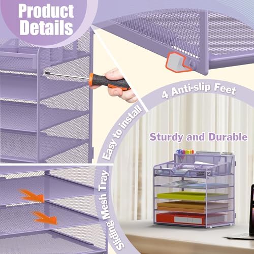 Docnest 5 Tier Mesh Desk Organizer with Letter Tray & Paper Sorter, Purple - Image 4