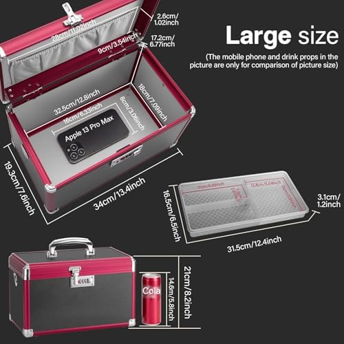 Medicine Lock Box with Combination Lock - 13.4 x 7.6 x 8.2 Inches - First Aid Safe Medication Storage Box, Medications and Personal Items, Safe Boxes for Home and Outdoor - Black Red Black - Image 2
