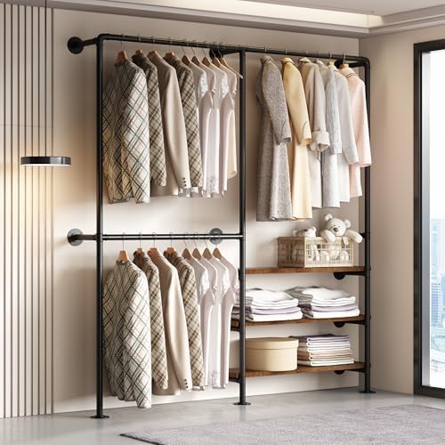 Industrial Pipe Clothes Rack, Wall Mounted Clothing Rack with Shelves, Heavy Duty Closet Organizers Wardrobe Multi-Purpose Storage Clothes Hanging Shelf-70.8''L Black - Image 7