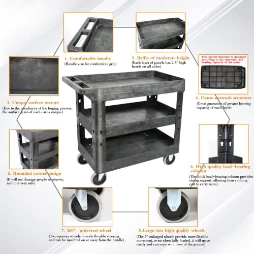 AQNIEGEP 3 Shelf Utility Cart Heavy Duty Rolling Cart with Brake Wheels Storage Service Cart w/Deep Shelves for Warehouse Workshop Cleaning Office Restaurant Commercial Moving 600lbs Capacity Black - Image 2