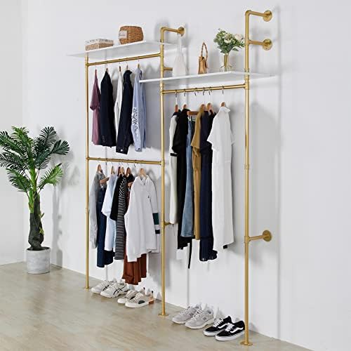 Industrial Pipe Clothing Rack Wall Mounted, Heavy Duty Hanging Clothes Rack Clothing Store Display Stands Garment Rack Closet System, 2 Tier Wood Garment Rack (Gold, 96.5x80.7inch) - Image 6