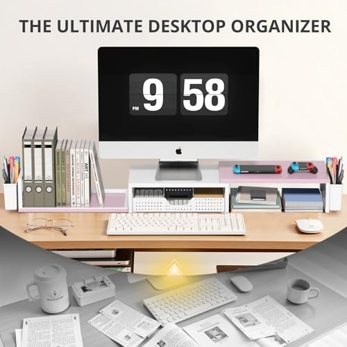 OPNICE Desk Organizers and Accessories, Dual Monitor Stand Riser with Drawer and 2 Pen Holders, Desk Shelf Computer Racks for Office Workspace Organizers, Desktop Organization (Pink-White) - Image 6