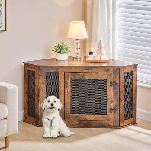 MAHANCRIS Corner Dog Crate Furniture, Wooden Dog Kennel End Table, Decorative Pet Crate Indoor Use, Furniture Style Dog House for Small Medium Dog, Dog Cage TV Stand, Rustic Brown DCRB0801 - Image 4