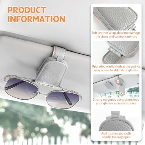 JUSTTOP 2 Pack Sunglasses Holders for Car, Magnetic Leather Buckle Sun Visor Sunglass Clip, Ticket Card Clip Sunglasses Mount, Car Interior Accessories for Men and Women (Gray) - Image 4