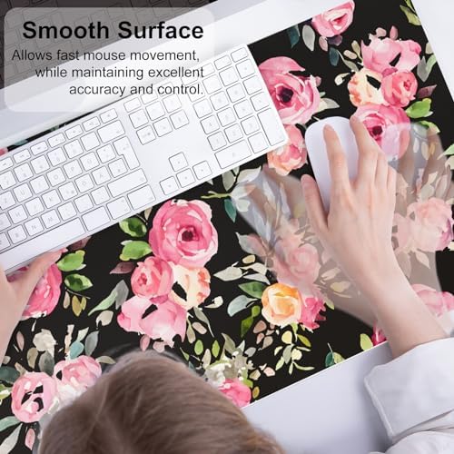 QiyI PU Leather Large Mouse Pad, Office Décor, 31.5" x 15.7", Pink Flowers - Image 5