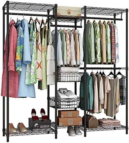 Xiofio 6 Tiers Heavy Duty Clothes Rack with Hanging Rods,Metal Garment Rack,Adjustable Shelves & 2 Slid Storage Baskets,65.0" L x 15.7" W x 76.0" H,Max Load 800LBS,Black by XIOFIO