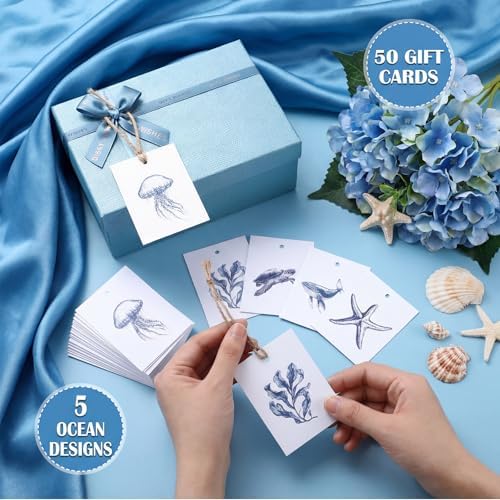 Tenceur 50 Set Watercolor Beach Gift Tags with String, Ocean Animal - Image 3