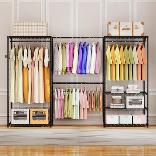 ecobedding Heavy Duty Garment Rack, 900LBS Max Load Freestanding Closet Organizer with 6 Storage Shelves & 3 Adjustable Hanging Rods, Multifunctional, Glossy Black, 15.75" D x 70-88.5" W x 76.5" H - Image 4